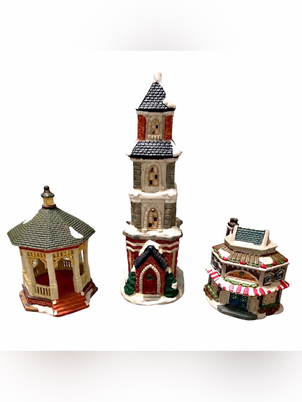 VINTAGE CHRISTMAS VILLAGE 3 PIECE LOT CLOCK TOWER GAZEBO RESTAURANT